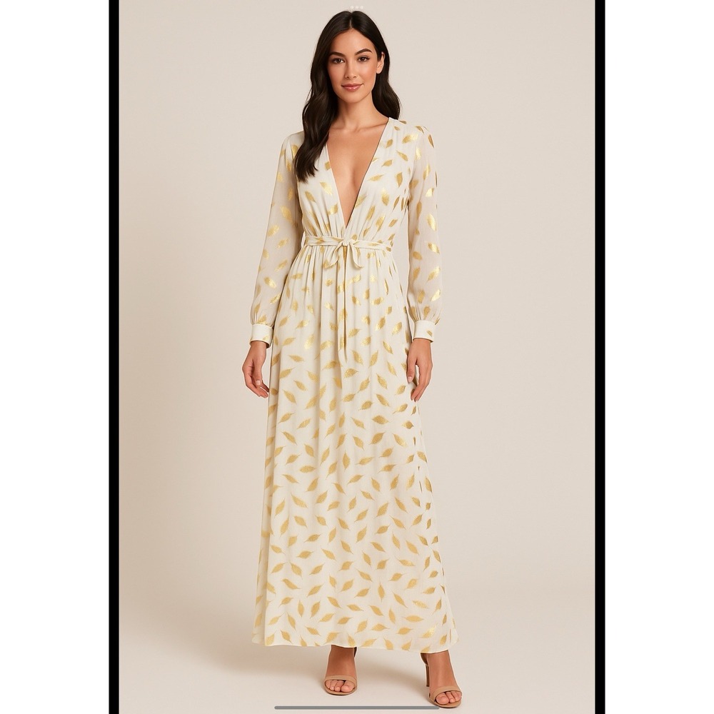 Miss Ord White Gold Foil Maxi Dress Long Large Sheer Evening Gown V-Neck